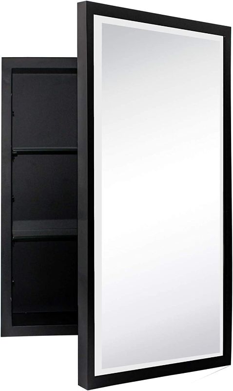 Photo 2 of Black Metal Framed Recessed Bathroom Medicine Cabinet with Mirror Rectangle Beveled Vanity Mirrors for Wall 16 x 24 inches Matt Black 16x24''