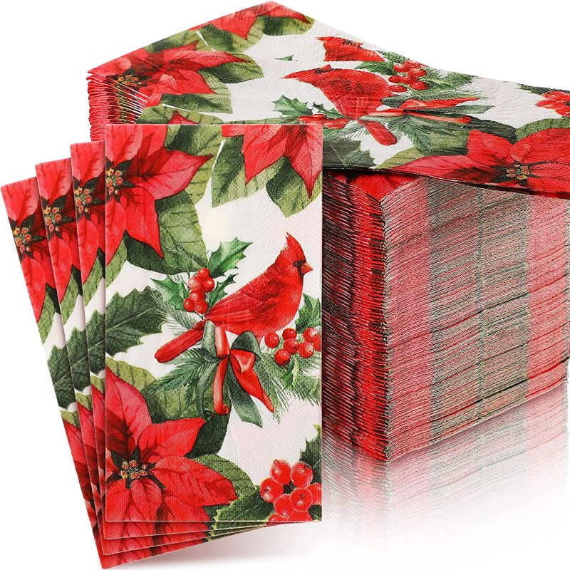 Photo 1 of 300 Pcs Christmas Paper Guest Napkins Christmas Cocktail Toilet Napkins Paper Disposable Guest Hand Towels for Bathroom Red Cardinal Poinsettia Xmas Decorative Napkins Bulk for Dinner Kitchen