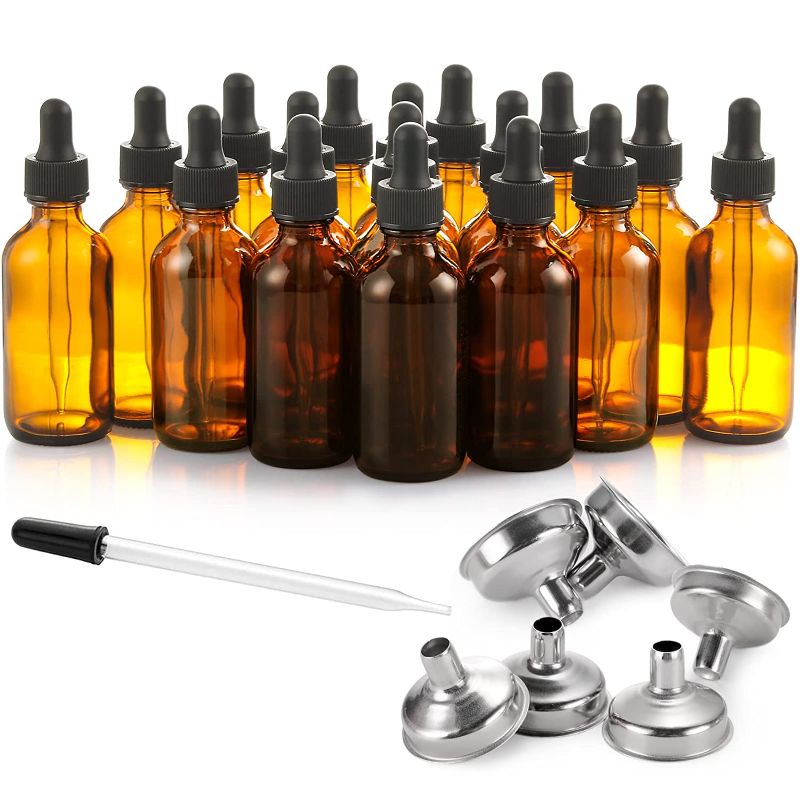 Photo 1 of 24 Pcs 2 oz Dark Amber Dropper Bottles with 6 Small Funnels & 1 Long Glass Dropper & 24 Labels - 60ml Glass Tincture Bottles with Eye Droppers for Essential Oils, Perfume, Hair / Body Oils, Liquids