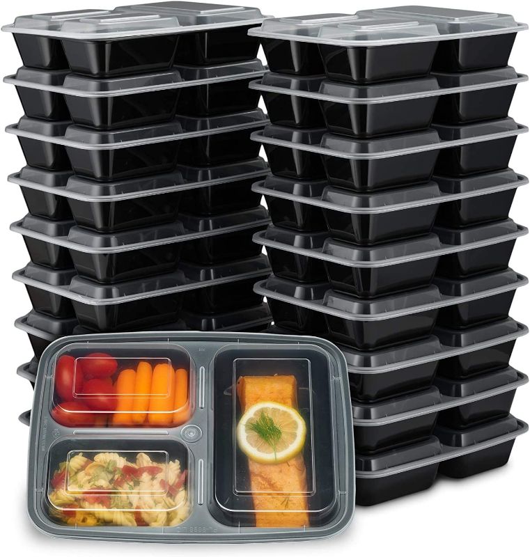 Photo 1 of 20 Pack] 32oz 3 Compartment Meal Prep Containers with Lids - Bento Box - Plastic - Stackable, Reusable, Microwaveable & Dishwasher Safe
