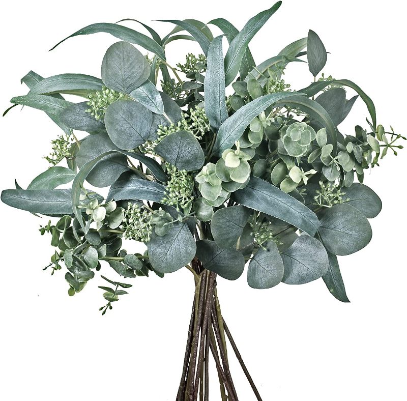 Photo 1 of 14 Pcs Artificial Eucalyptus Leaves Stems Bulk Faux Greenery Stems Green Branches Seeded Eucalyptus Plant for Floral Arrangement Vase
