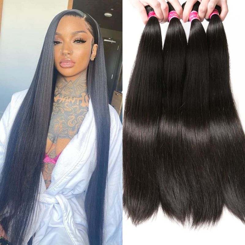 Photo 1 of 10A Straight Bundles Human Hair (22 24 26 28 Inches, Straight 4 Bundles) 100% Unprocessed Brazilian Virgin Straight Human Hair Bundles Natural Color Hair Extensions