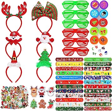 Photo 1 of 108 PCS Christmas Party Favors for kids Class Christmas Party Supplies Decorations - Holiday Classroom Party Favors Toys Christmas Accessories Kit Includes 6 Headbands,6 Glasses, 24 Slap Bracelets, 10 Stamps, 6 Brooches and 56 Stickers