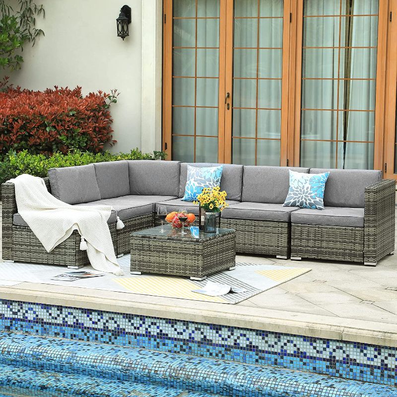 Photo 1 of YITAHOME 7 Piece Outdoor Patio Furniture Sets, Garden Conversation Wicker Sofa Set, and Patio Sectional Furniture Sofa Set with Coffee Table and Cushion for Lawn, Backyard, and Poolside, Gray Gradient
box 3/3 only!!! incomplete set!!!