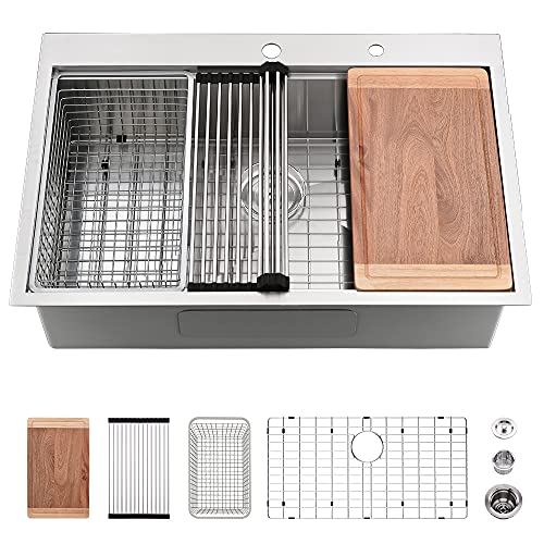 Photo 1 of 33 Drop In Kitchen Sink-VASOYO 33x22 Topmount Kitchen Sink Drop In Workstation 16 Gauge Deep Single Bowl Stainless Steel Kitchen Sink with Grid & Drain & Cutting Board
