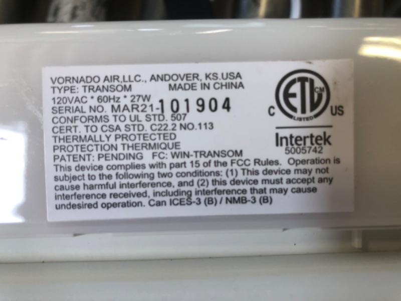 Photo 1 of Vornado TRANSOM Window Fan with 4 Speeds, Remote Control, Reversible Exhaust Mode, Weather Resistant Case, Whole Room, Ice White
