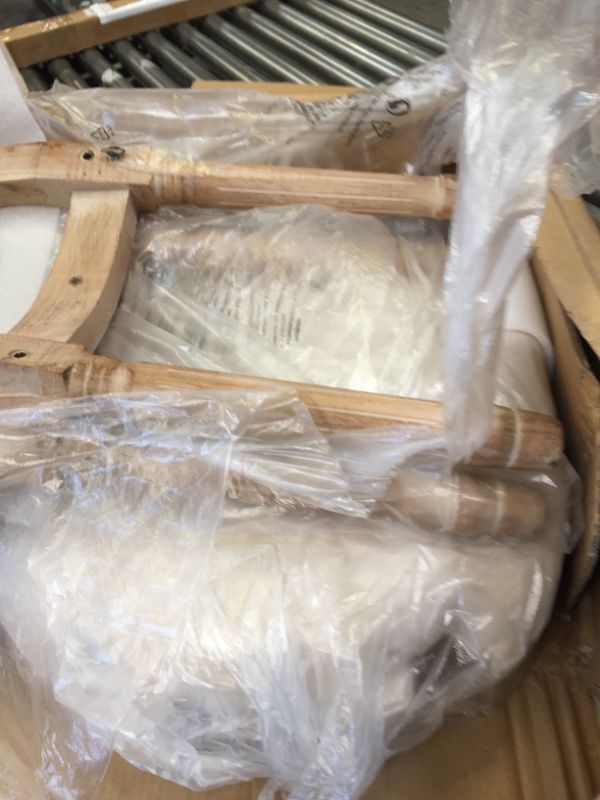 Photo 1 of 2 Wooden Chairs With Whtite Cushions. box Packanig Damaged, Mising hardware, Heavy Use, Scuffs and Scratches on Wood of Chairs