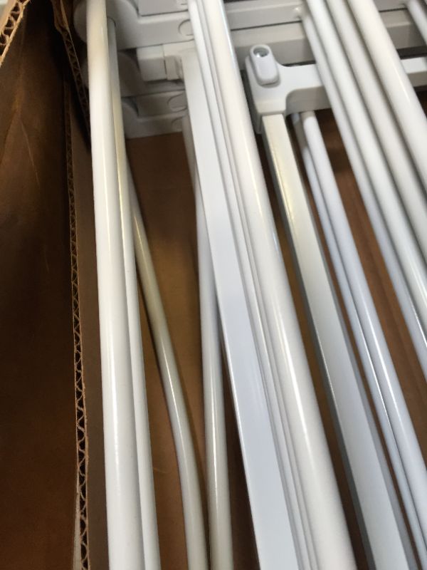 Photo 3 of Generic White Metal Baby Gate, Not in Original Box Packaging, Box Packaging Damaged, Item is Damaged, some Metal Bars are Broken, Scratches an Scuffs on Metal