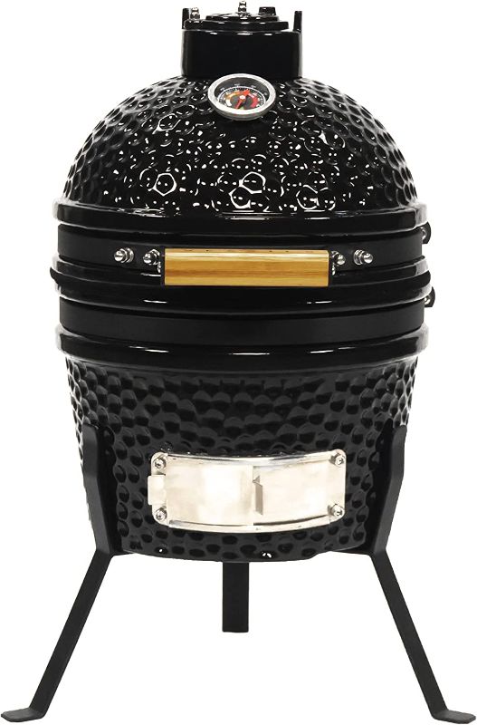 Photo 1 of VESSILS Kamado Charcoal BBQ Grill – Heavy Duty Ceramic Barbecue Smoker and Roaster with Built-in Thermometer and Stainless Steel Grate (13 Inch Stand, Black)
