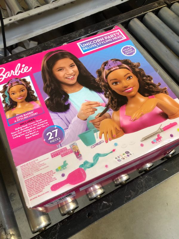 Photo 1 of Barbie Unicorn Party 27-piece Deluxe Styling Head, Brown Hair, Pretend Play, Kids Toys for Ages 5 Up, Amazon Exclusive
