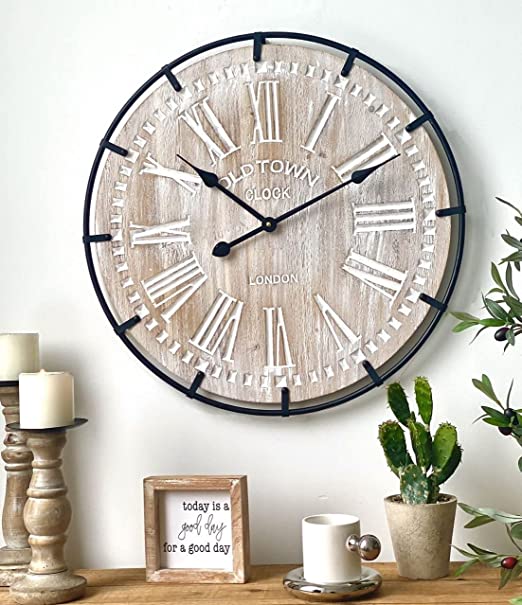 Photo 1 of  DECOR 24 Inch Large Famhouse Wall Clock, Rustic Antique Wood Wall Clock with Metal Circle and Engraved Numerals, Silent Battery Operated for Office Kitchen Bedroom Living Room, Nature