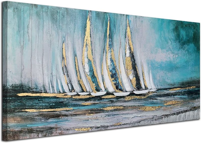 Photo 1 of Anolyfi Large Abstract Ocean Sailboat Canvas Wall Art for Bedroom Coastal Seascape Skyline Painting Abstract Textured Picture Artwork Framed for Living Room Bathroom Home Office Decor 48"x24"
