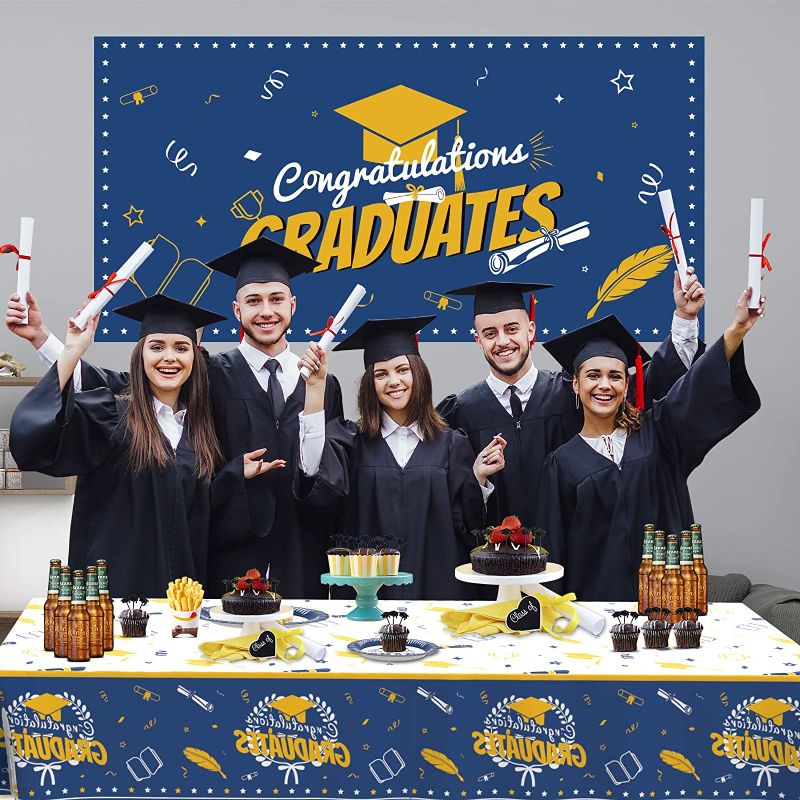 Photo 1 of 203 PCS Graduation Party Decorations 2022, Serves 50 Guests Graduation Plates and Napkins 2022 Graduation Party Supplies ,Graduation Banner Graduation Tablecloth,Cups with Gift Box,Graduation Napkins Plates
