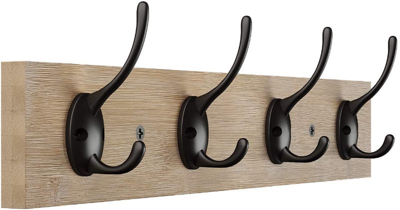 Photo 1 of BAMEOS Wall Mounted Coat Rack, Bamboo Wall Coat Rack Hooks, Coat Hat Hanger Hooks, 4-Hook Rail for Entryway, Bathroom, Bedroom,Closet Room, Kitchen (Gray)