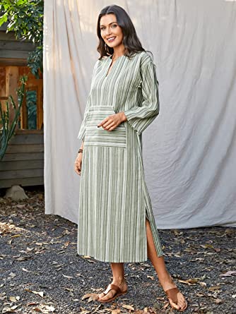 Photo 1 of  Women Striped Maxi Dresses 3/4 Sleeve Split Kaftan Long Dress V Neck with Pockets color green size 4xl
