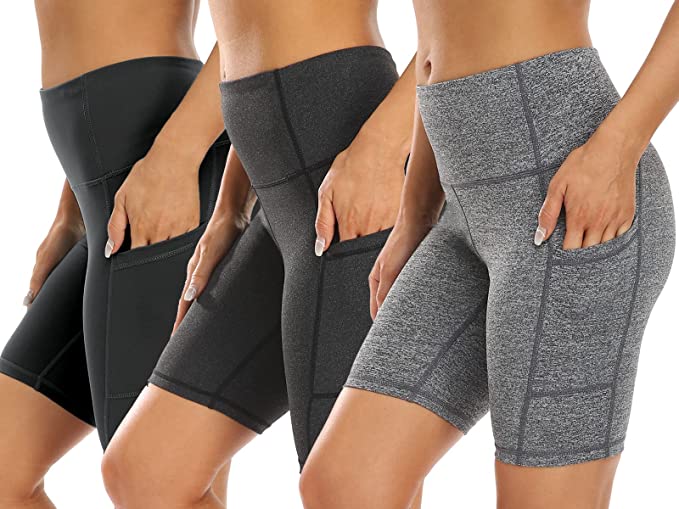 Photo 1 of 3 Pack High Waist Out Pocket Yoga Short 8"/5" Tummy Control Workout Shorts Running Athletic Non See-Through Active Shorts
