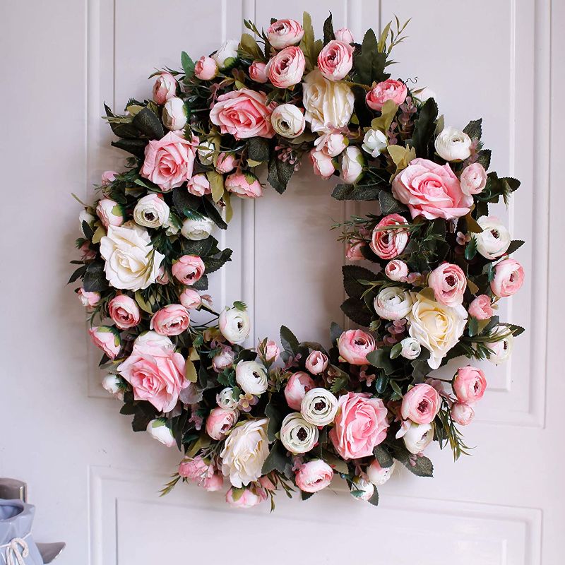 Photo 1 of Dseap Wreath - 19”, Rose: Large Rustic Farmhouse Decorative Artificial Flower Wreath, Faux Floral Wreath for Front Door Window Wedding Outdoor Indoor - Round, Pink
