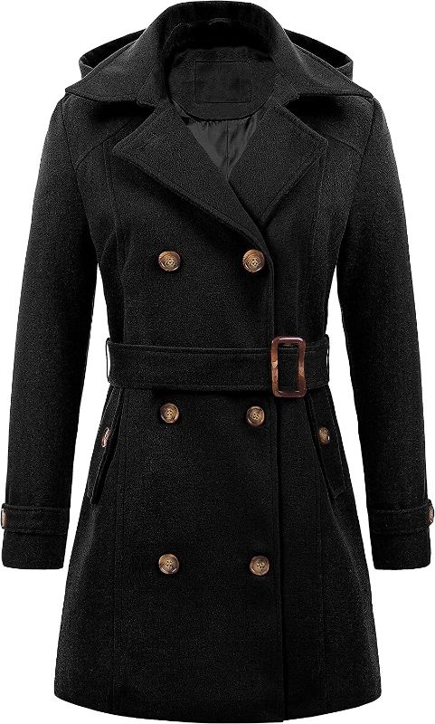 Photo 1 of Chrisuno Women's Double Breasted Pea Coat Hooded Long Winter Wool Trench Coat SIZE SMALL 
