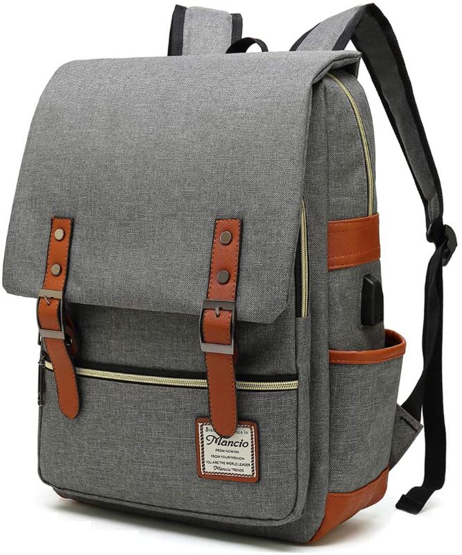 Photo 1 of MANCIO Slim Laptop Backpack with USB Charging Port,Vintage Tear Resistant Business Bag for Travel, College, School, Casual Daypacks for Men,Women, Fits up to 15.6Inch Macbook in Grey

