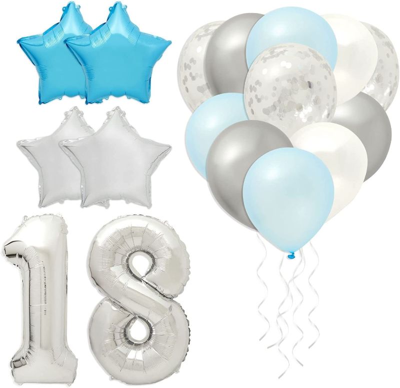 Photo 1 of 18th Birthday Balloons, Silver Number 18, Stars Party Decorations (Blue, 46 Pieces)
