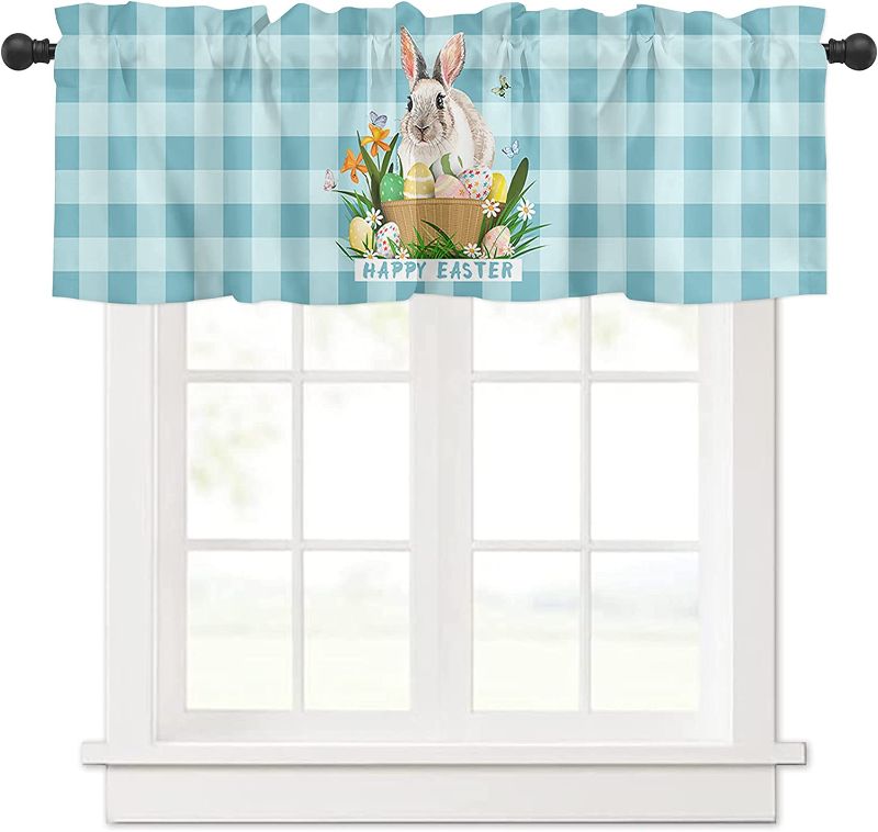 Photo 1 of Window Valance Kitchen Short Curtain 1 Panel, St. Patrick's Day Rabbits Colorful Eggs Blue Buffalo Plaid Window Treatments Spring Drapes for Living Room Kitchen Home Decor
