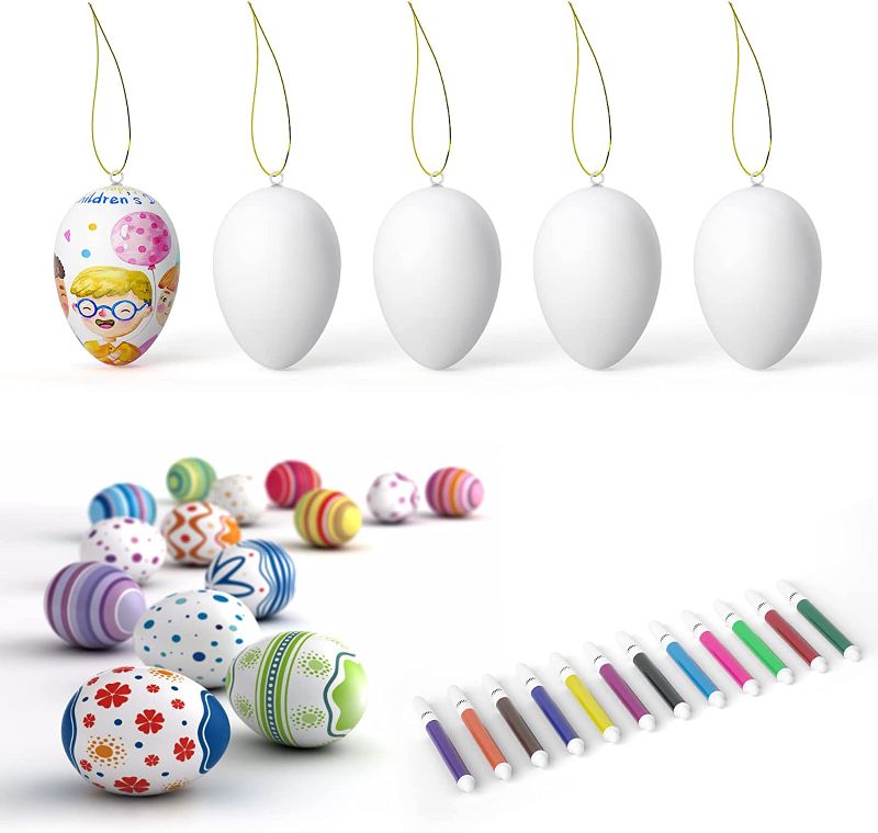 Photo 1 of Jfree Easter White Plastic Eggs,24pcs Easter Eggs,Hanging Plastic Eggs for Tree, Easter Hunt, Easter Basket Stuffers with 12 Pcs Colored Pens
