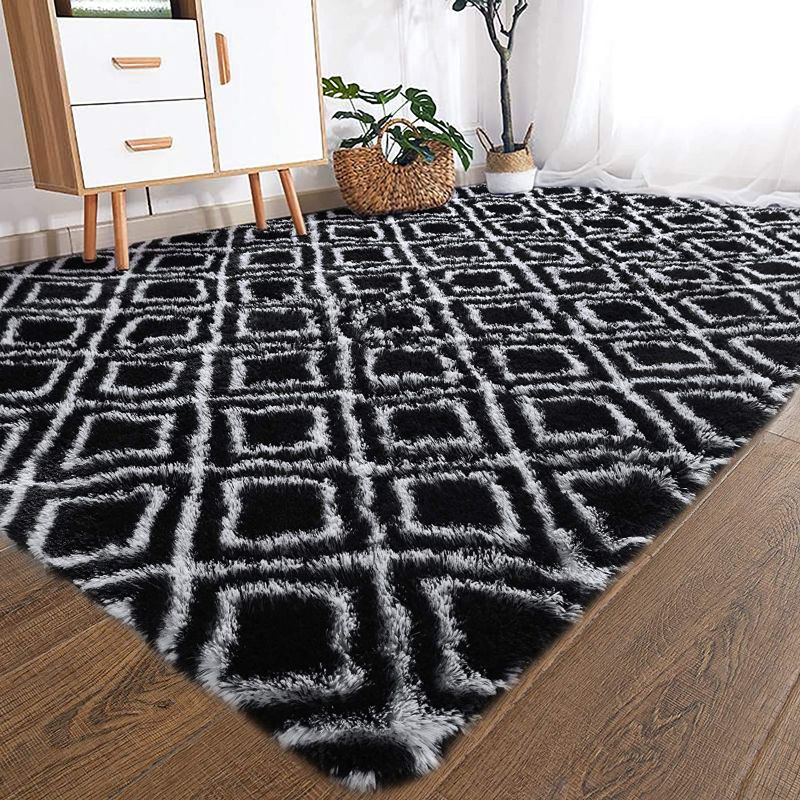 Photo 1 of YOH Fuzzy Soft Modern Indoor Shaggy Fur Area Rug for Bedroom Living Room Home Decorative Accent Floor Fluffy Carpet, Non-Slip Comfy Plush Furry Rugs for Dorm Nursery Kids Room, 4'x5.9' Black (factory sealed)
