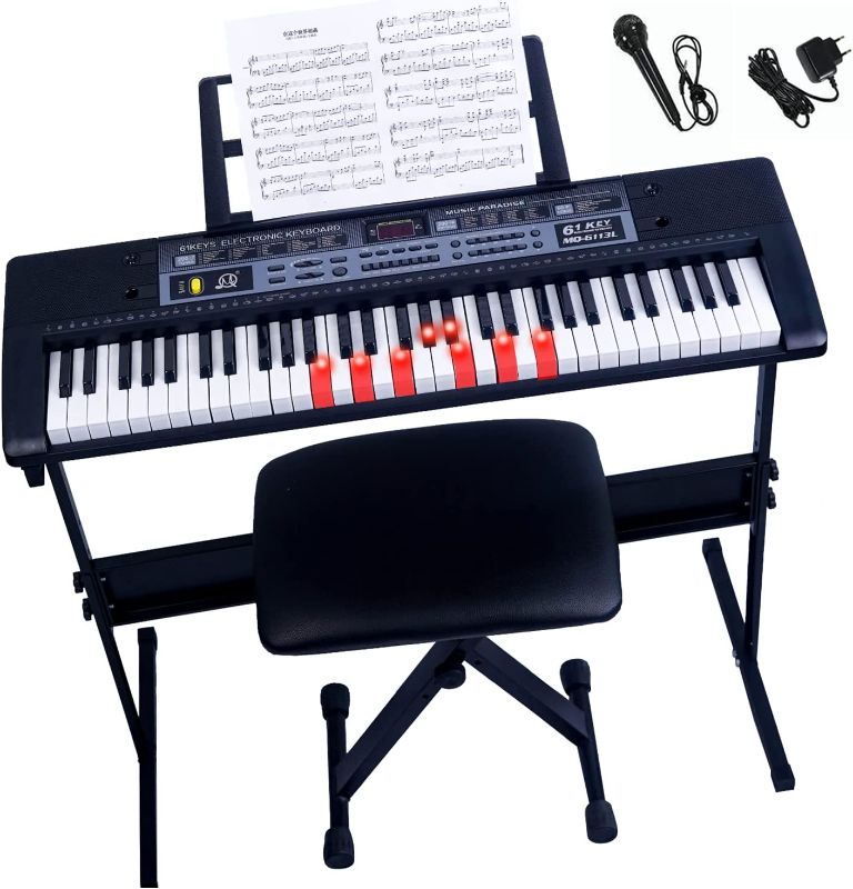 Photo 1 of 61 Key Electric Keyboard Piano, Portable Piano Keyboard for Beginners, Light Up Music Keyboard Built-in Dual Speakers with H Stand, LED Display, Microphone, Music Stand, Bench (H Stand)---MISSING MICROPHONE/POWER CORD AND MUSIC STAND---COULD NOT TEST---

