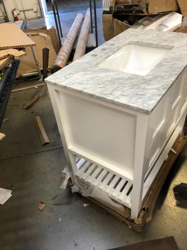 Photo 11 of CASAINC  36-in White Undermount Single Sink Bathroom Vanity with Off-white with Speckles Marble Top (Mirror Included)
