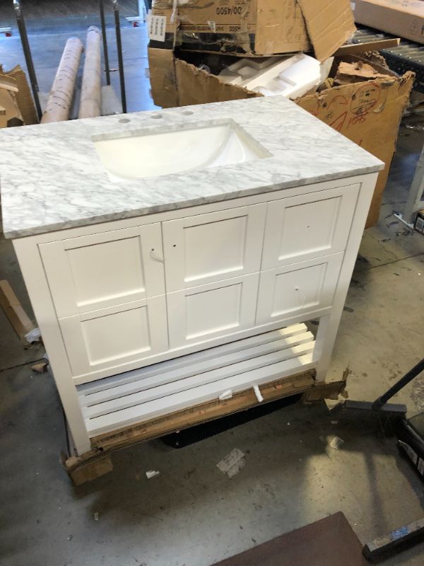 Photo 10 of CASAINC  36-in White Undermount Single Sink Bathroom Vanity with Off-white with Speckles Marble Top (Mirror Included)
