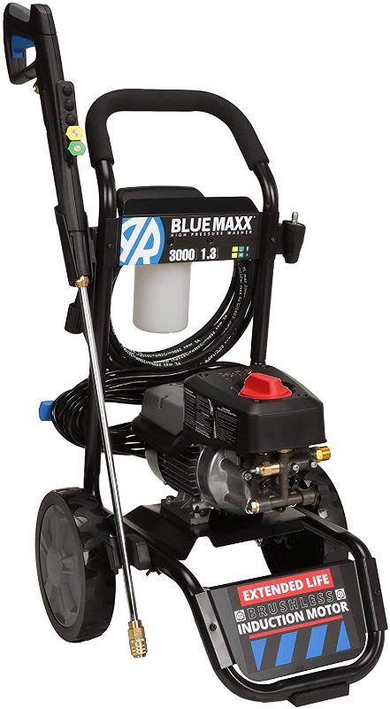 Photo 1 of AR Blue Maxx, BM 3000 Electric Pressure Washer, 3000 PSI, 1.3 GPM, 15 AMP, Quick Connect, 15 & 25 Degree Nozzle, Turbo Nozzle, Spray Gun, Foam Cannon, Metal Lance, 25’ Hose, Two Wheel Trolley. 61 lbs
OUT OF BOX 
