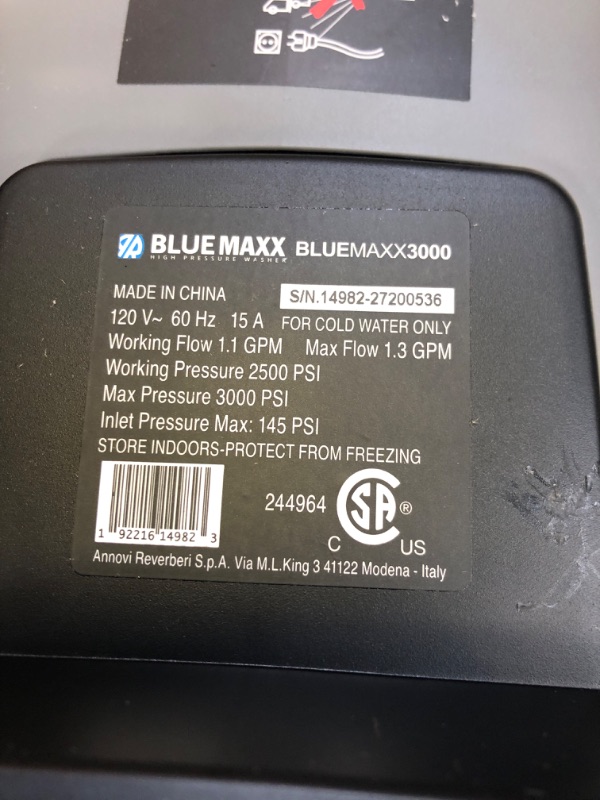 Photo 3 of AR Blue Maxx, BM 3000 Electric Pressure Washer, 3000 PSI, 1.3 GPM, 15 AMP, Quick Connect, 15 & 25 Degree Nozzle, Turbo Nozzle, Spray Gun, Foam Cannon, Metal Lance, 25’ Hose, Two Wheel Trolley. 61 lbs
OUT OF BOX 
