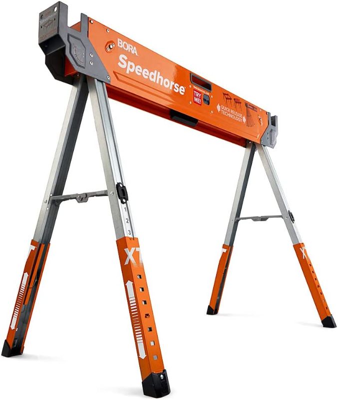 Photo 1 of Bora Portamate Speedhorse XT Adjustable Height Sawhorse - Single Piece Stand with 30-36 inch adjustable Legs, Metal Top for 2x4, Heavy Duty Pro Bench Saw Horse for Contractors, Carpenters - PM-4550
