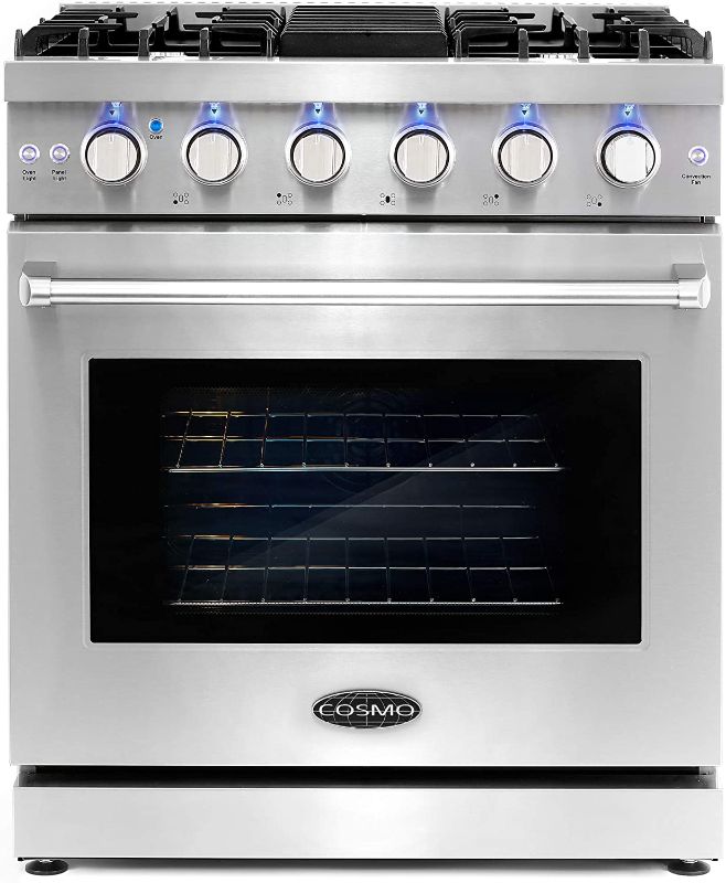 Photo 1 of Cosmo COS-EPGR304 Slide-in Freestanding Gas Range with 5 Sealed Burners, Cast Iron Grates, 4.5 cu. ft. Capacity Convection Oven, 30 inch, Stainless Steel
