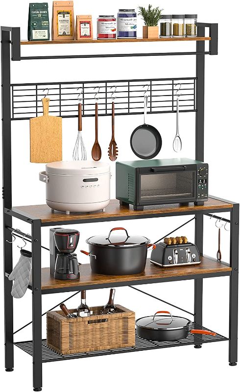 Photo 1 of Armocity Kitchen Bakers Rack with Hutch, Industrial Microwave Stand 4-Tier Utility Storage Shelf Rack, Free Standing Coffee Station with 10 Hooks, Rustic Brown
