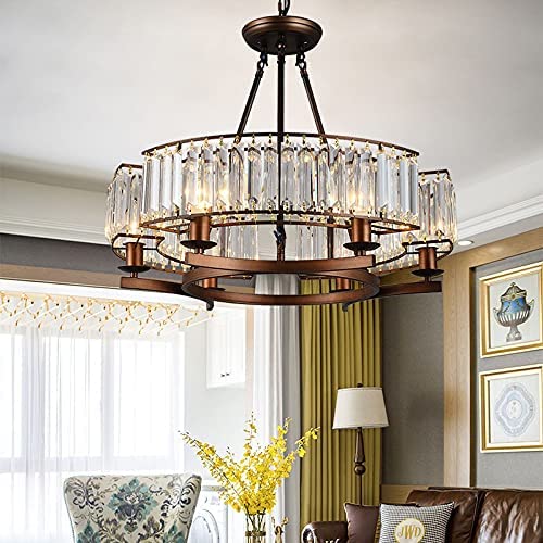 Photo 1 of 6 Lights Modern Round Crystal Chandelier,Flush Mount Light Brown Pendant Lighting Fixture Vintage Ceiling Chandeliers for Dining Room Livingroom,Dia 25.5 inch
