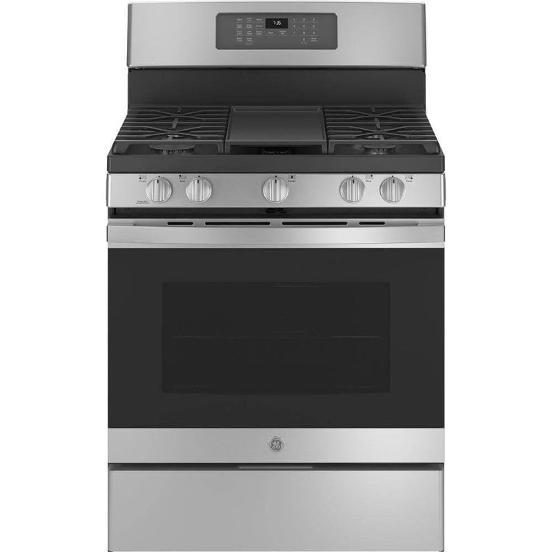 Photo 1 of GE 5.0 Cu. Ft. Stainless Gas Convection Range with No Preheat Air Fry - JGB735SPSS