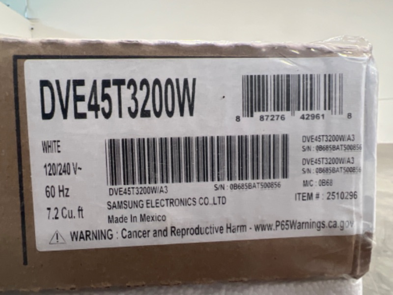 Photo 3 of SAMSUNG DVE45T3200W / DVE45T3200W / DVE45T3200W 7.2 cu. ft. Electric Dryer with Sensor Dry - factory sealed