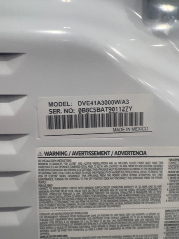 Photo 4 of Samsung DVE41A3000W 7.2 Cu. Ft. Electric Dryer with Sensor Dry - White - factory sealed