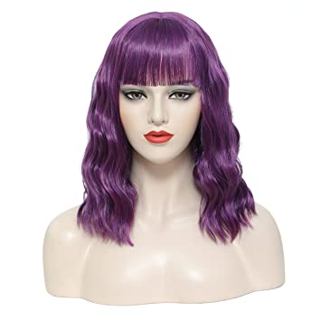 Photo 1 of Curly Bob Wigs for Women Wavy Short Wig with Bangs for Girl Natural Looking Wavy Wigs For Daily Party Cosplay Use(PURPLE and light blue 2 pack