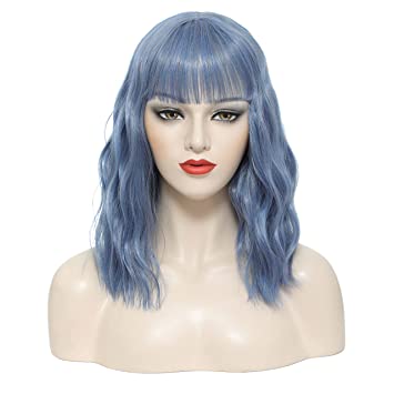 Photo 2 of Curly Bob Wigs for Women Wavy Short Wig with Bangs for Girl Natural Looking Wavy Wigs For Daily Party Cosplay Use(PURPLE and light blue 2 pack