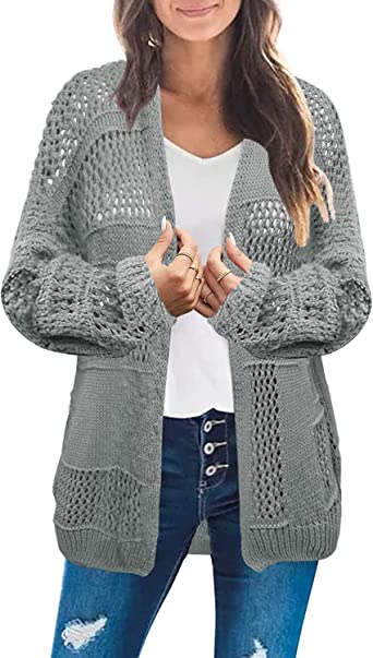 Photo 1 of Risesun Women's Open Front Long Batwing Sleeve Crochet Lightweight Cardigan Loose Hollow Out Kimono Sweaters --- MEDIUM 
