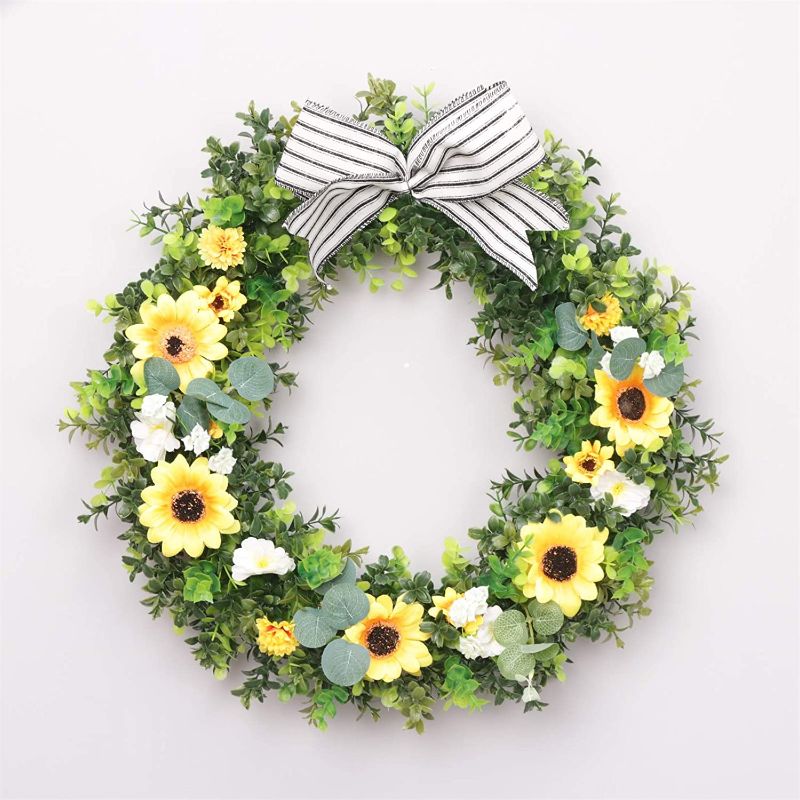 Photo 1 of MoonXmas 17.7"(45CM) Artificial Sunflower Wreath Decor for Front Door, Green Leaf White Flowers with Ribbon Bow,Spring Summer Party Decor for Outdoor/Indoor Wall or Window Décor
