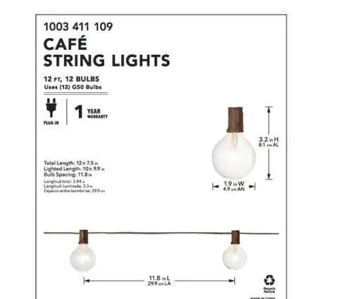 Photo 1 of 12-Light 12 ft. Large Cafe Clear String Lights
