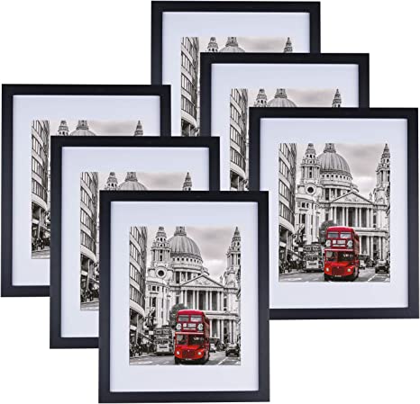 Photo 1 of 11x14 Picture Frame Set of 6, Display 8x10 Pictures with Mat or 11x14 without Mat for Tabletop Display and Wall Hanging, Classic Simple Photo Frames for Wall Gallery Home Office Decor, Black
