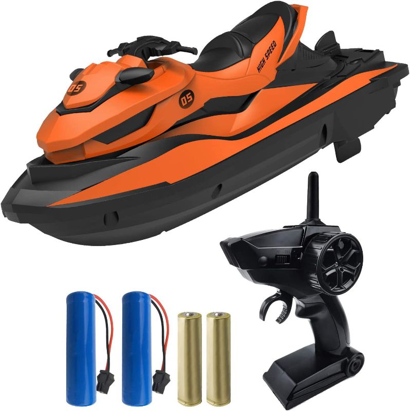 Photo 1 of IOKUKI 2.4G RC Boats for Kids - Remote Control Boat for Kids & Adults for Lakes & Pools with 2 Batteries / Dual Motors/2 Charger Cables & Low Battery Prompt Motor Boat (Orange)
