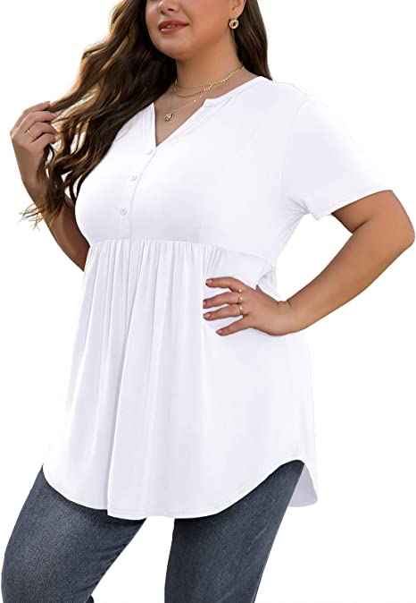 Photo 1 of SHIJIALI Women's Plus Size Henley Shirts V Neck Button Tunic Tops Casual Short Sleeve/Long Sleeve Swing Flowy Blouse SIZE LARGE COLOR WHITE 
