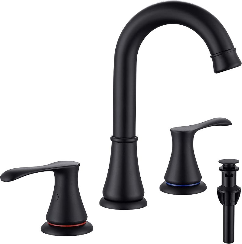 Photo 1 of 3 Hole Bathroom Faucet with Pop Up Drain and cUPC Faucets Supply Hose, WiPPhs 360 Degree Swivel Spout 2 Handle 8 inch Matte Black Widespread Bathroom Sink Faucet, Basin Faucet Mixer Taps
