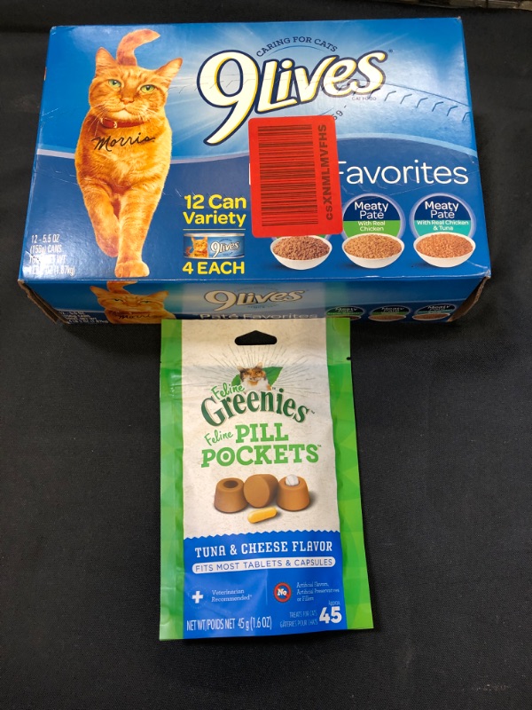 Photo 2 of (Bundle)
9Lives Paté Favorites Wet Cat Food Variety Pack, 5.5 Oz Cans, 12 Count(Best If Used By 07/30/2023) & FELINE GREENIES PILL POCKETS for Cats Natural Soft Cat Treats, Tuna & Cheese Flavor, 1.6 oz. Pack (45 Treats) Best BY 07/25/2022