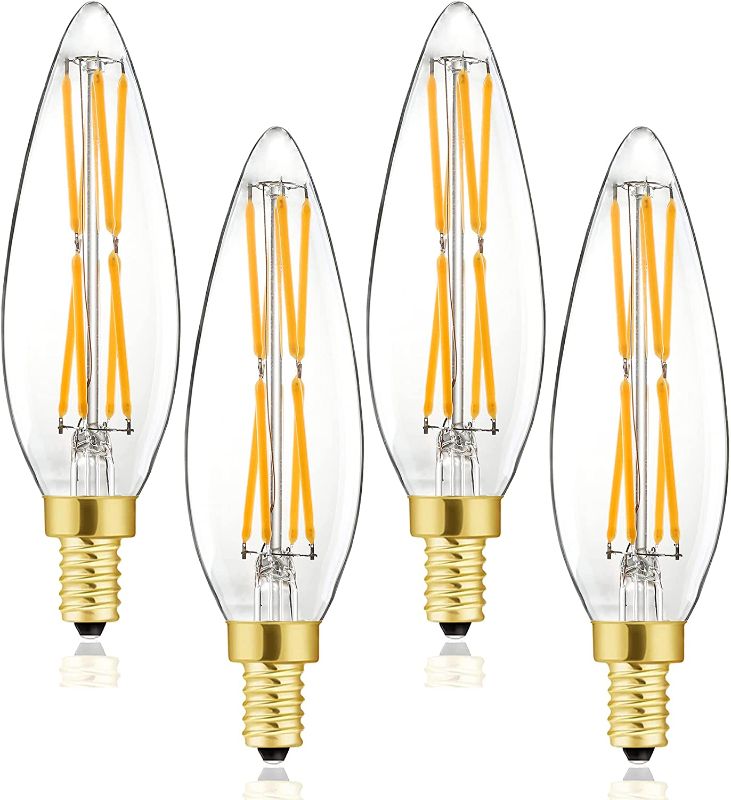 Photo 1 of E12 Edison 8W LED Bulb, 100 watt Equivalent Candelabra Dimmable Chandelier Light Bulbs 3000K Soft White Clear 800lm E12 Vintage LED Filament Vintage Candle Bulb with Decorative,4-Pack. (4.85in)
